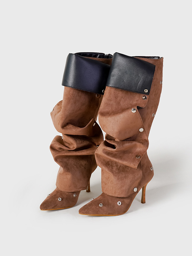 Rivet Buckle Stitching Two-way Denim Pleated Pile Boots