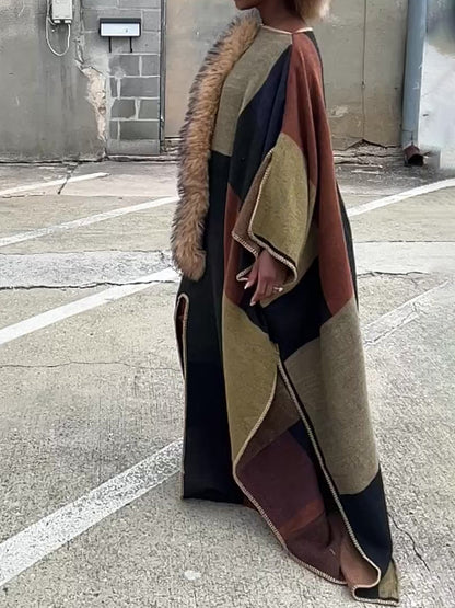 Removable Faux Fur Color Block Poncho