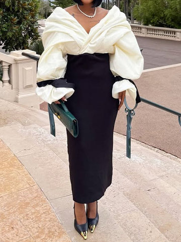Elegant Deep V Neck Patchwork Maxi Dress