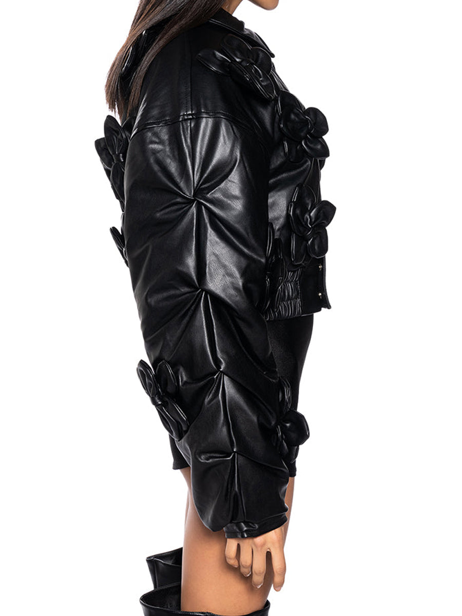 3D Floral Faux Leather Elastic Waistband Bomber