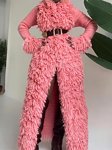 Fringed Tirm Knitted Long Coat Without Belt