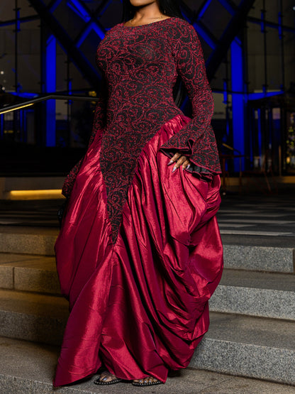 Elegant Printed Flare Sleeve Patchwork Maxi Dress