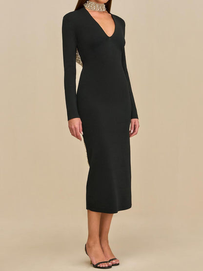 Pearl Adorned Neck Strap Open Back Midi Dress