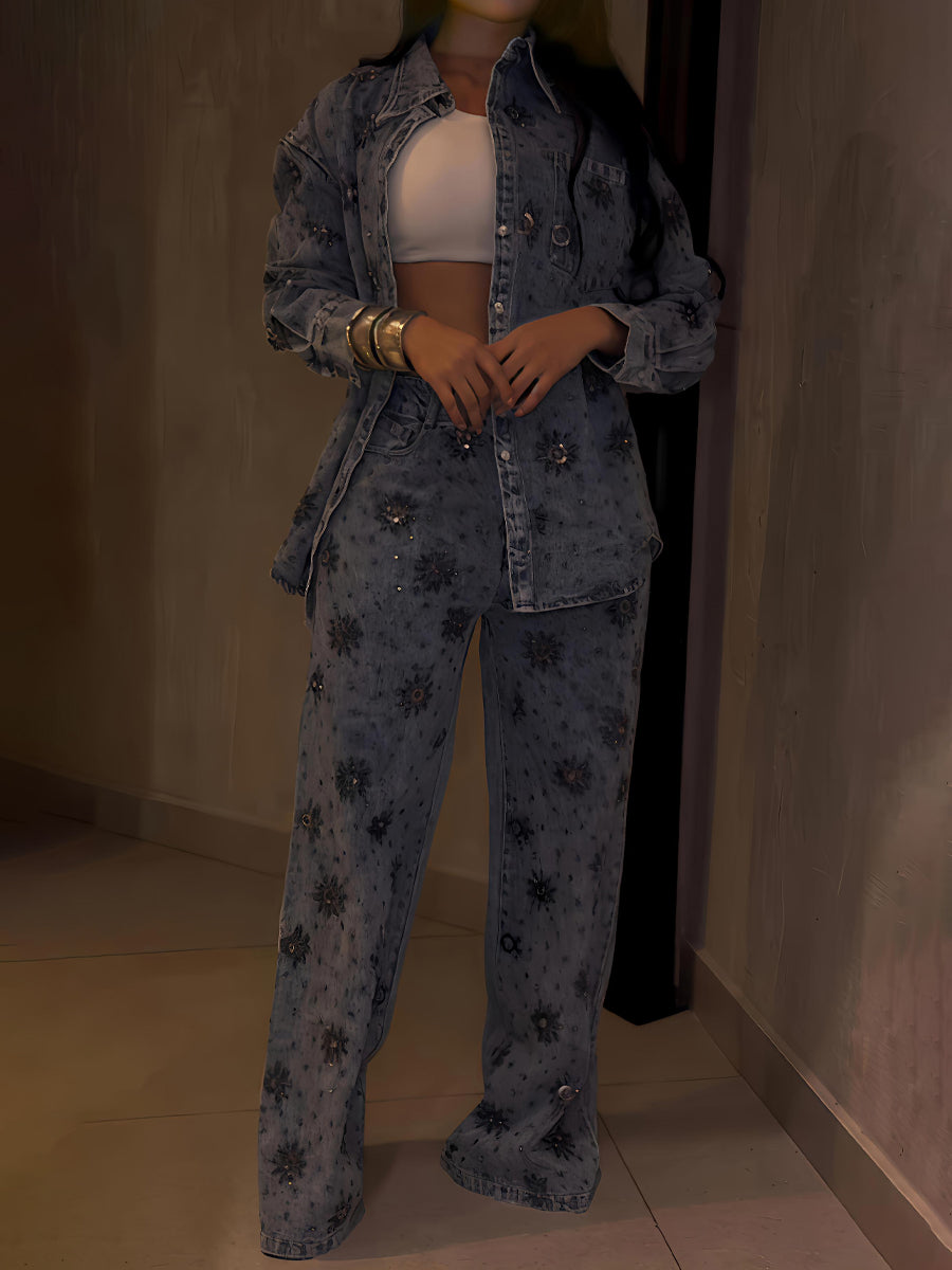 Rhinestone Sparkle Flower Print Denim Two Pieces Set