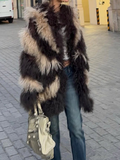Fashion Color Block Faux Fur Coat