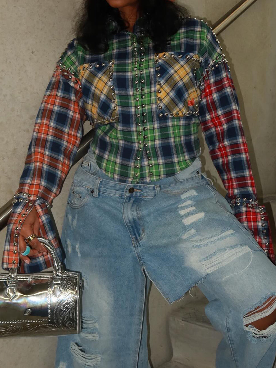 Studded Plaid Print Patchwork Shirt