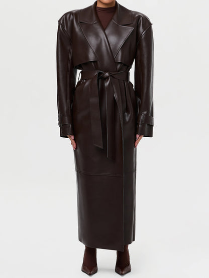 Wide Lape PU Belted Trench Coat
