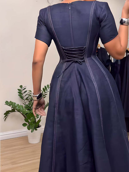 Lace Up V Neck Denim Midi Dress