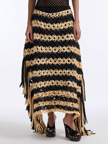 Knotted Fringe Striped Hand-made Mxi Skirt