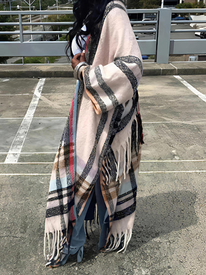 Multi-color Fringed Hem Poncho Coat
