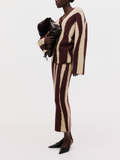 Contrast Color Coarse Stripe V-Neck Skirt Set