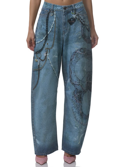 Retro Print Barrel Leg Jeans