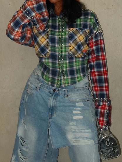 Studded Plaid Print Patchwork Shirt