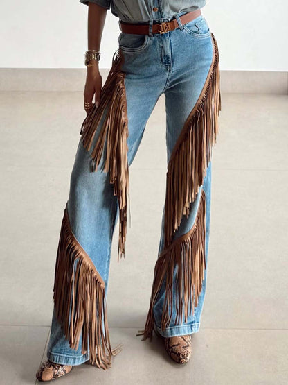 Suede Fringed Denim Trousers