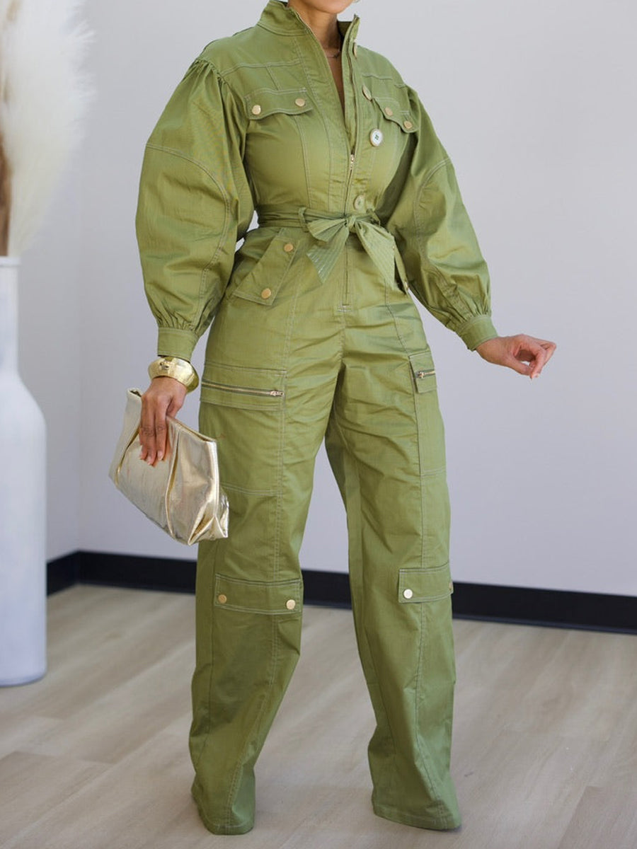 Fashion Pockets Zip Up Belted Jumpsuit