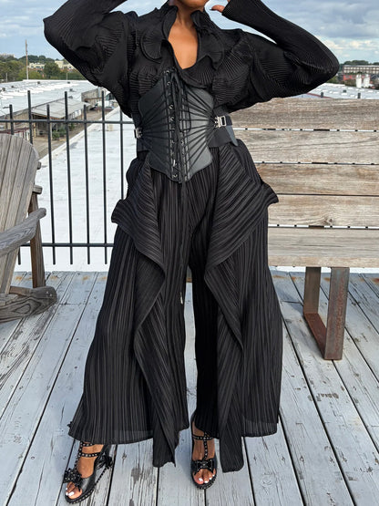 Elastic Pleated Top & Accordion Pants Without Belt