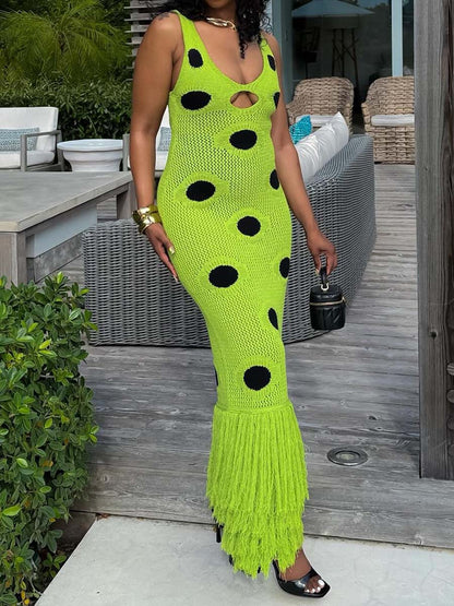 Fringed hem Deep V Neck Maxi Dress