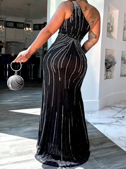 Rhinestones One Shoulder Stretch Party Dress