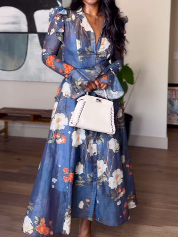 High Collared Neck Printed Ruffled Dress