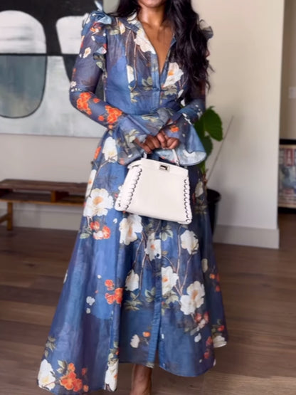 High Collared Neck Printed Ruffled Dress