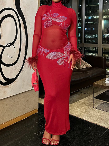 Hot Drilling See-through Feathered Cuffs Dress