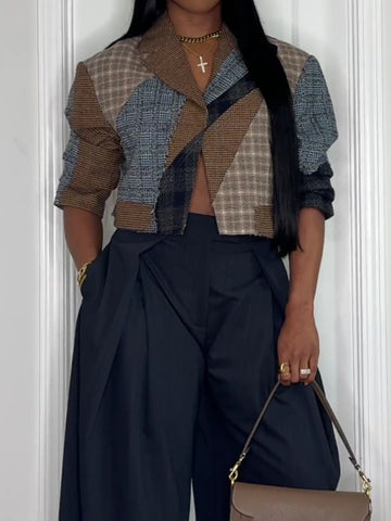 Plaid Print Patchwork Cropped Blazer