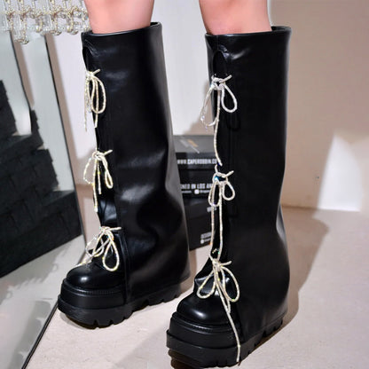 Shinny Bow Detail Platform Boots