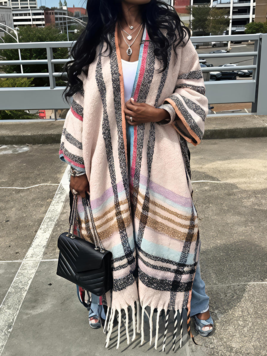 Multi-color Fringed Hem Poncho Coat