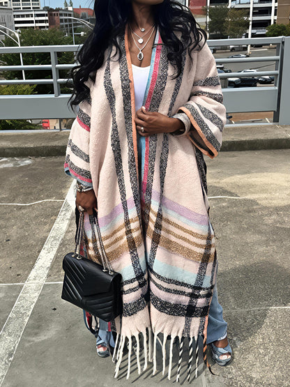 Multi-color Fringed Hem Poncho Coat