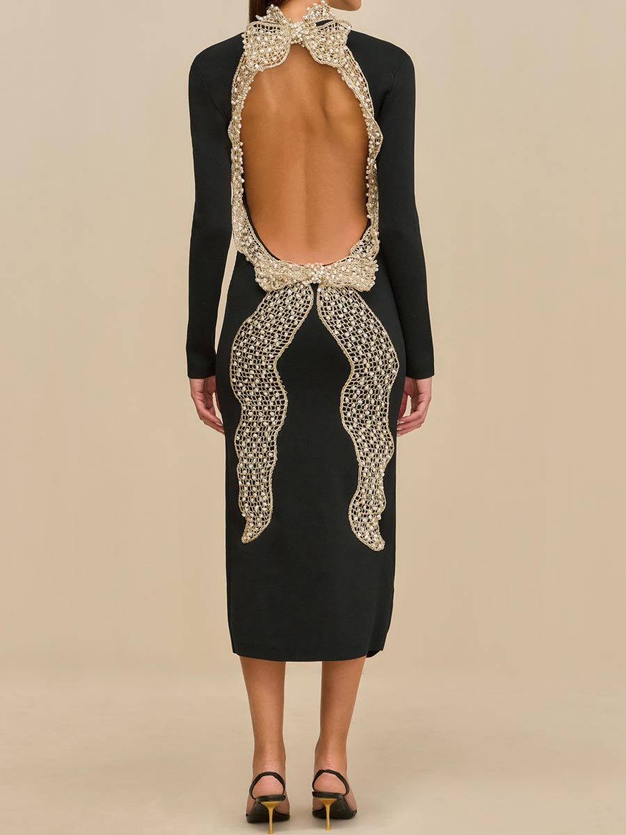 Pearl Adorned Neck Strap Open Back Midi Dress