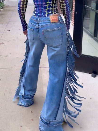 Fashion Denim Wide Leg Fringe Jeans