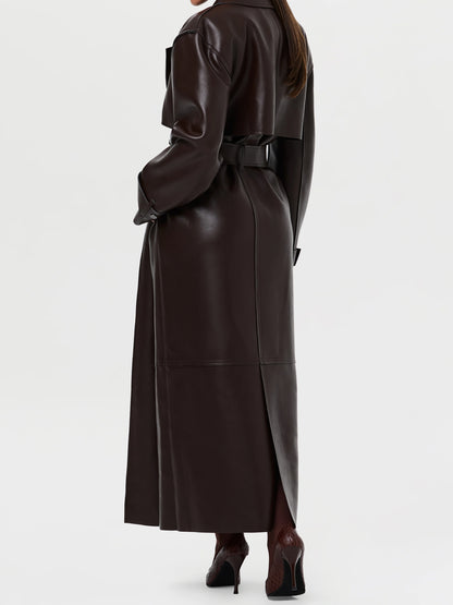 Wide Lape PU Belted Trench Coat