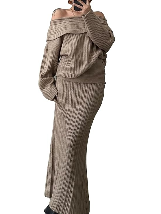 Off-the-shoulder Knitted Skirt 2Pcs Set