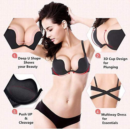 Women's Deep U Multi-Way Push Up Convertible Low Cut Plunge Bra