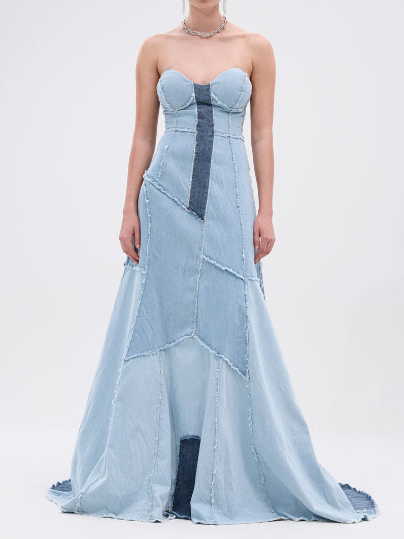Strapless Patchwork Denim Maxi Dress