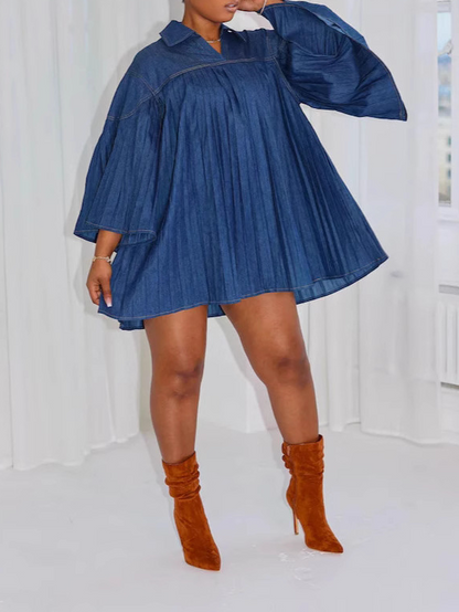 Loose-Fit Denim Pleated Patchwork Dress