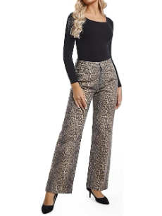 High Waisted Straight Leg Stretch Leopard Jeans