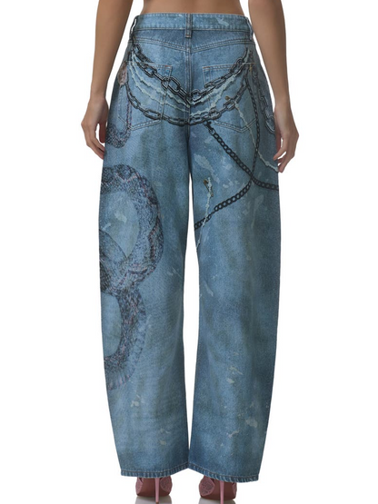 Retro Print Barrel Leg Jeans