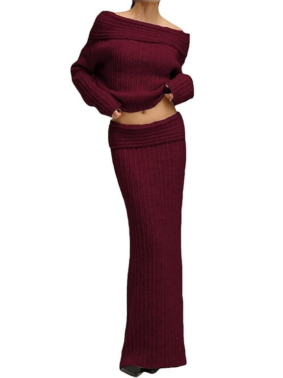 Off-the-shoulder Knitted Skirt 2Pcs Set
