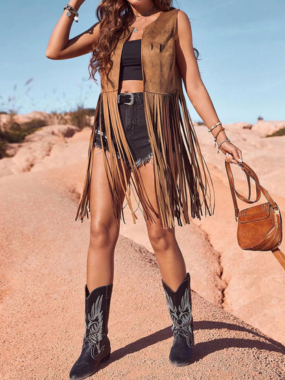 Sleeveless Suede Fringe Jacket Cardigan