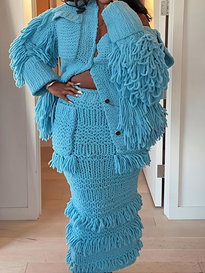 Fringed Knitted Long Sleeve Two Pieces Dress