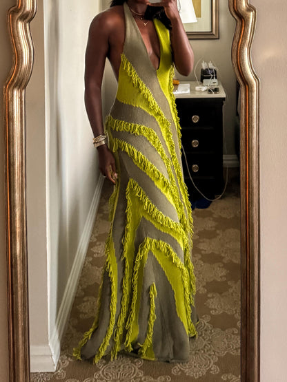 Tassel Halter Neck Color Block Maxi Dress