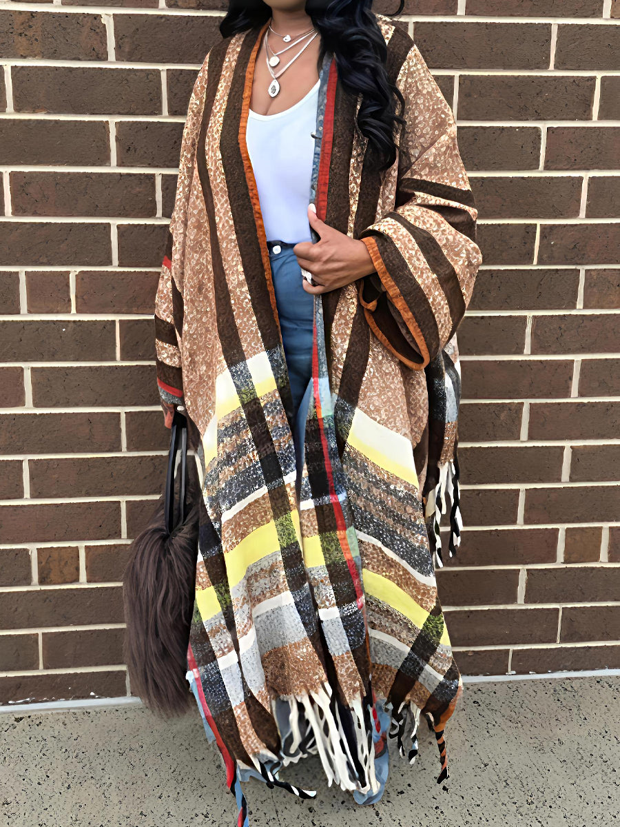 Multi-color Fringed Hem Poncho Coat