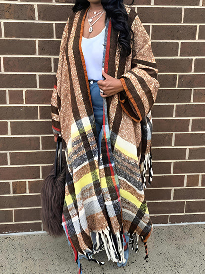 Multi-color Fringed Hem Poncho Coat