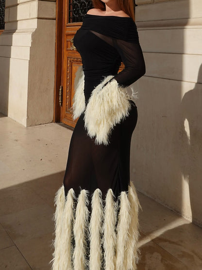 Feather Tirm Off Shoulder See-through Maxi Dress
