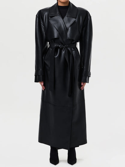 Wide Lape PU Belted Trench Coat