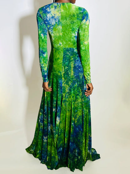 Tie Details Tie Dye Deep V Neck Maxi Dress