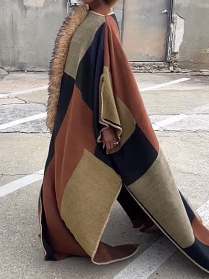 Removable Faux Fur Color Block Poncho