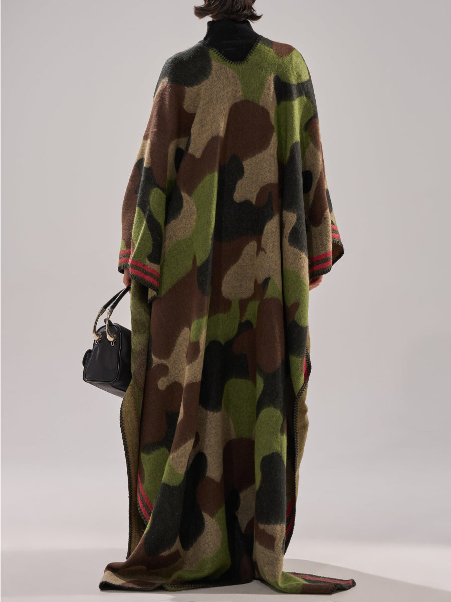 Knitted Camouflage-Print Maxi Poncho