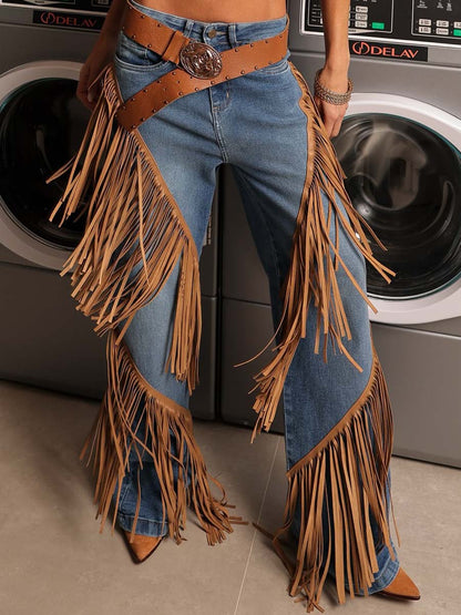 Suede Fringed Denim Trousers